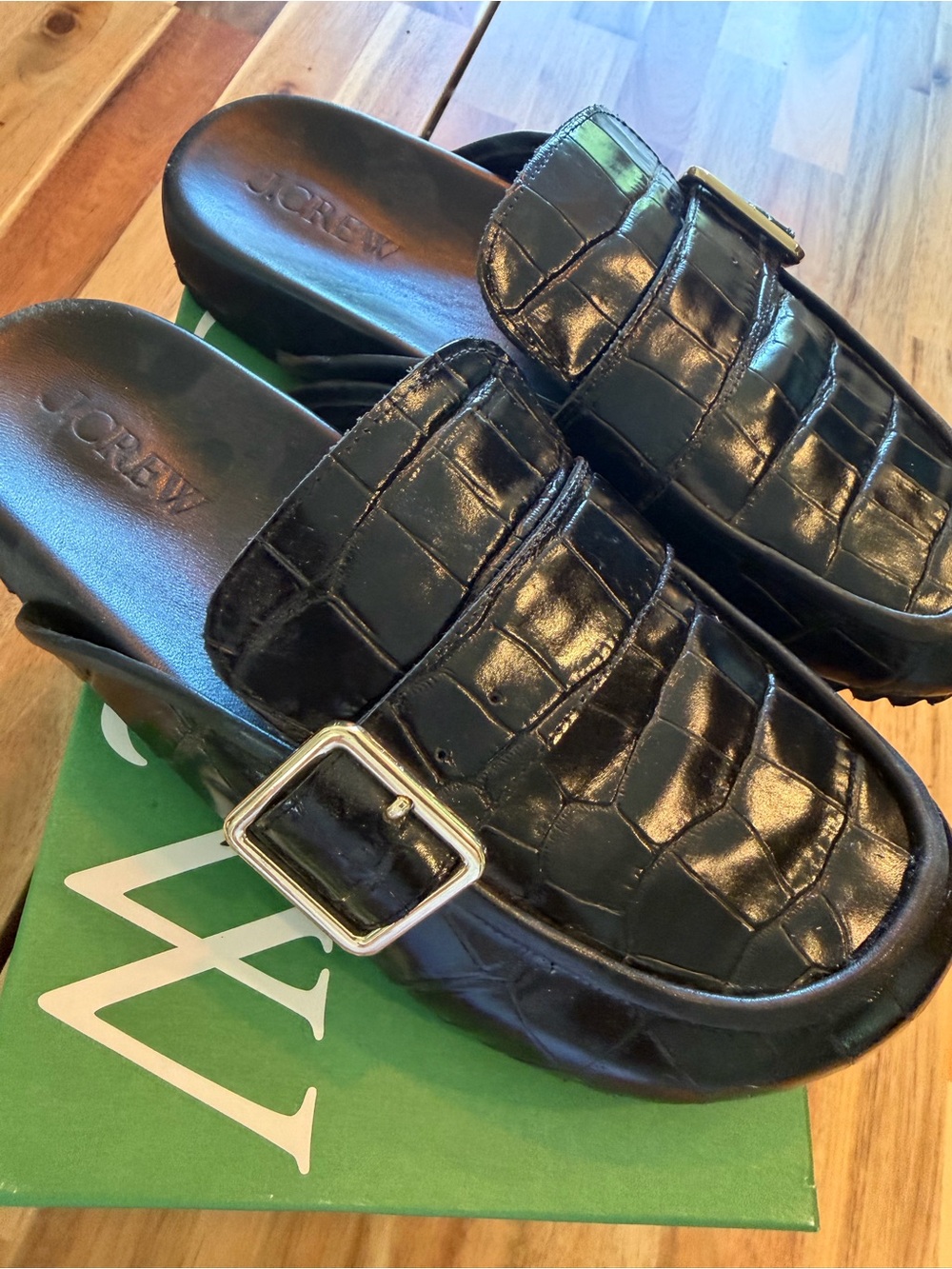 J.Crew Croc Embossed Leather Buckle Clogs Black Slide Sandals Size 10